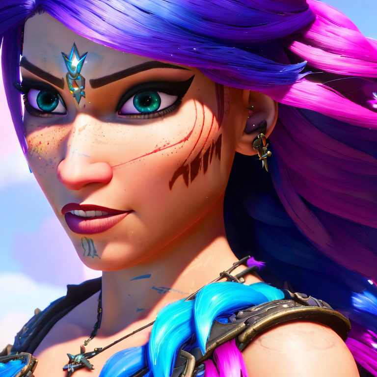 Female video game character with blue and purple hair and facial markings.