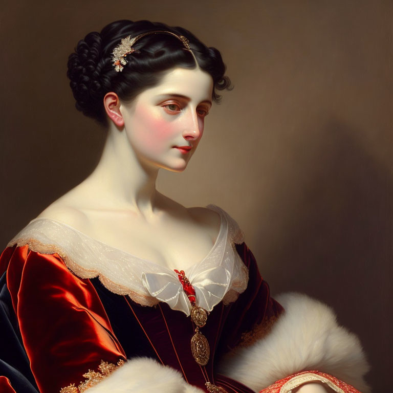 Elegant woman in red dress with fur trim and jeweled headpiece
