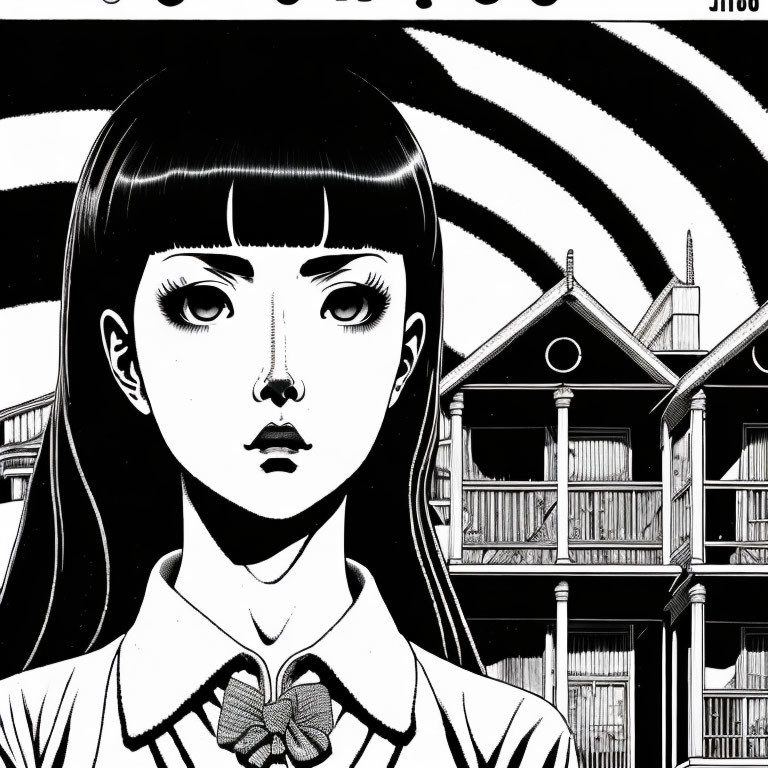Monochrome illustration of a girl with bangs and ribbon collar, somber house, swirling sky
