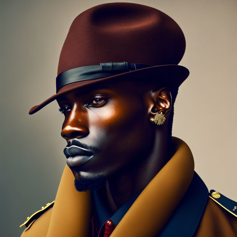 Stylized digital portrait of a man with deep skin tone in brown hat and military-style cape
