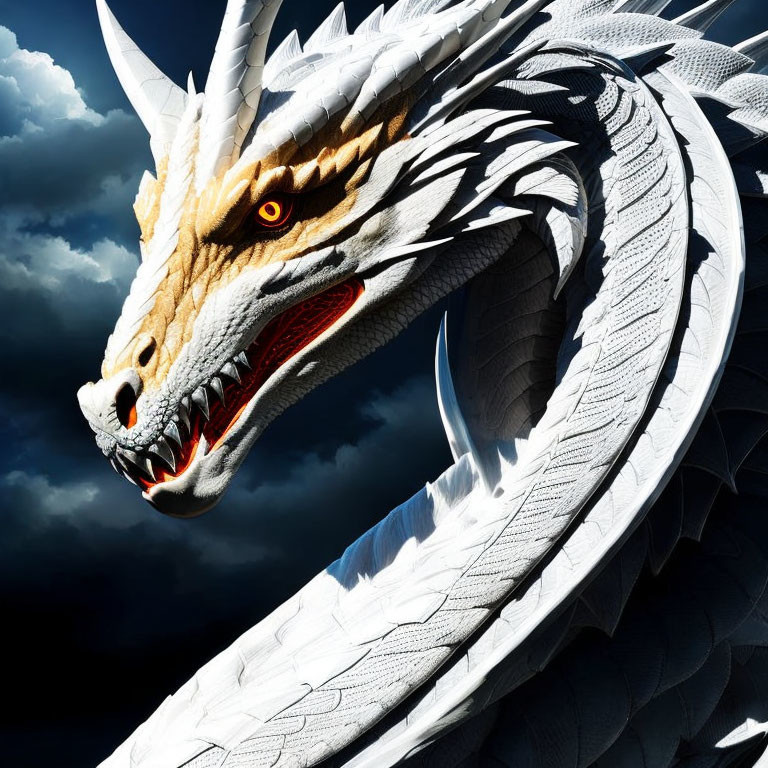 White Dragon Digital Artwork with Golden Eyes and Stormy Sky