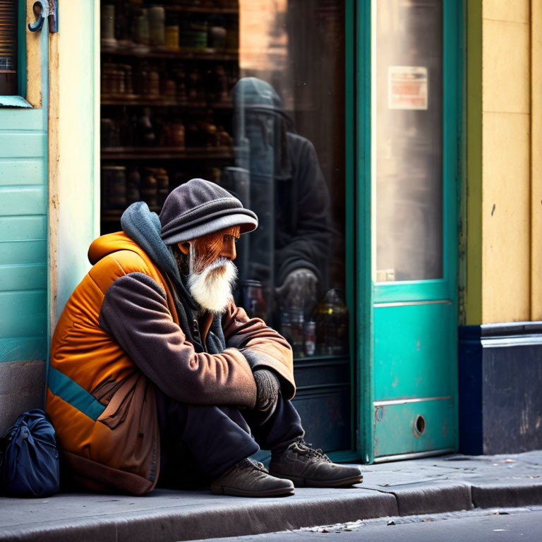 Elderly man with white beard in cap and jacket sitting on city sidewalk by shopfront with reflection