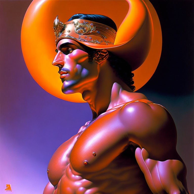Muscular man with horned helmet in digital artwork against orange backdrop