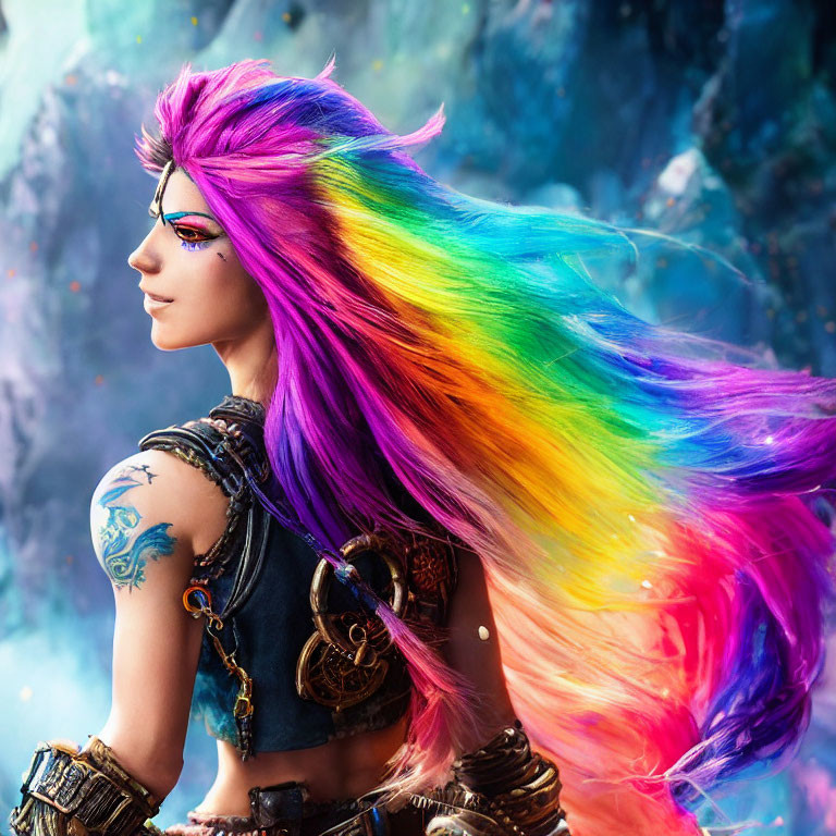 Colorful female character with rainbow hair, tribal tattoos, and fantasy warrior outfit.