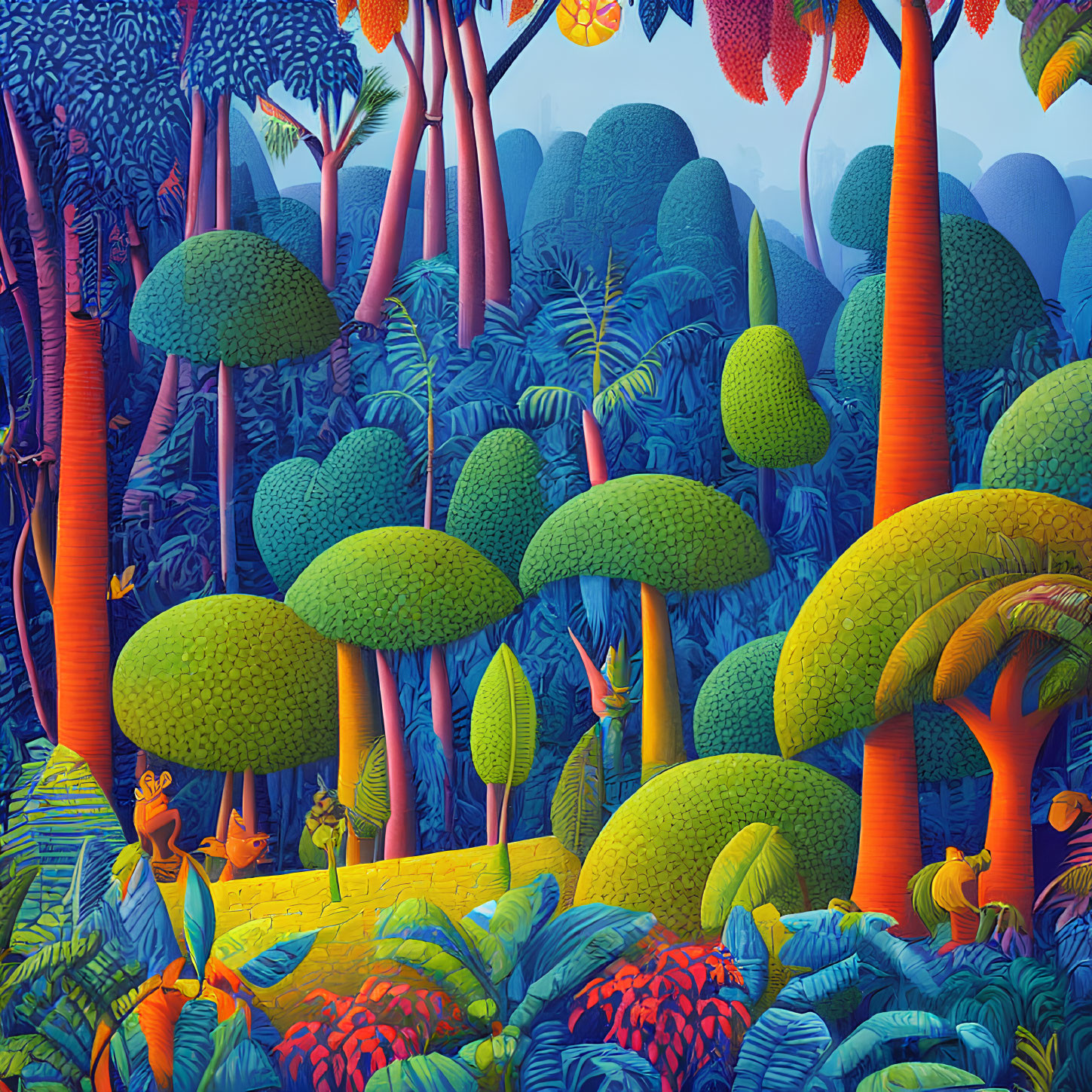 Colorful Stylized Forest with Blue and Orange Trees and Assorted Foliage