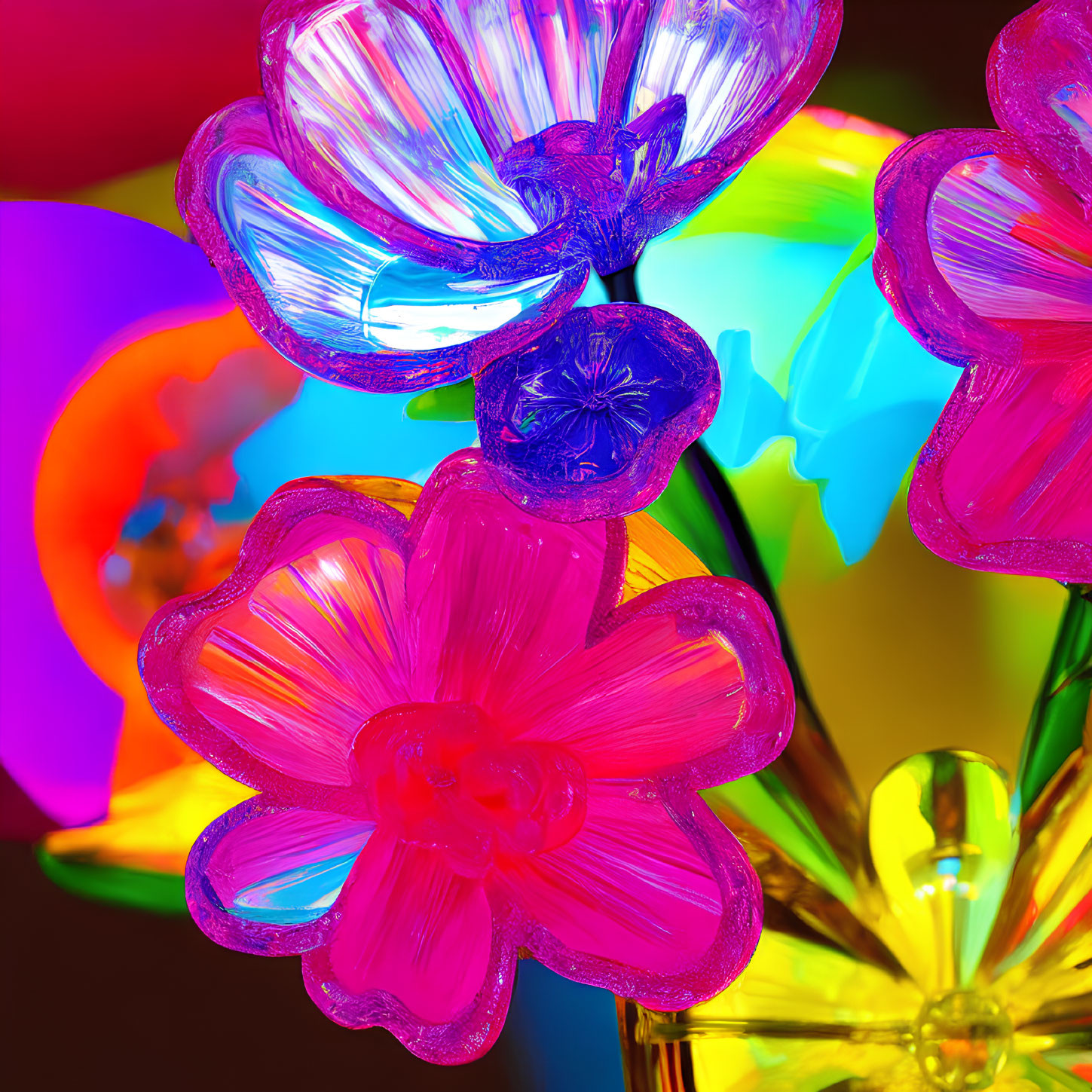Vibrant translucent plastic flowers in blue, pink, yellow, and green.