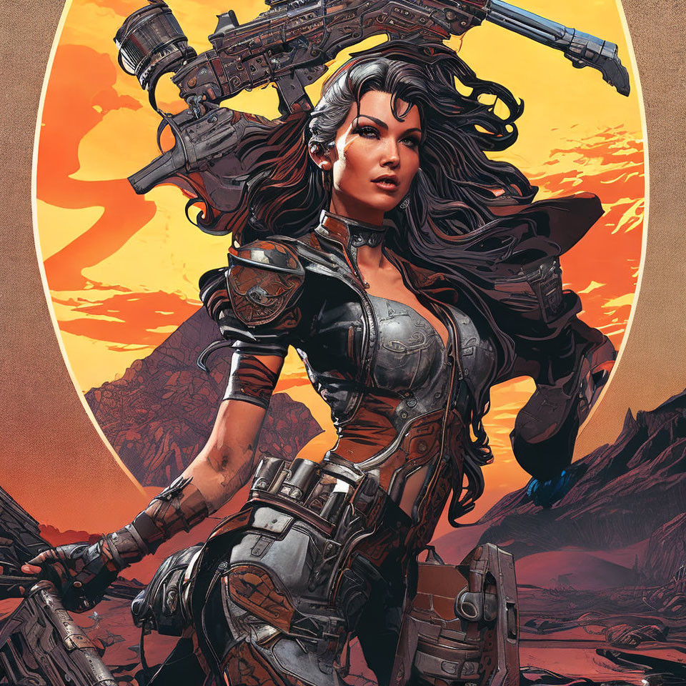 Detailed Female Warrior Illustration with Futuristic Weapons on Orange Background