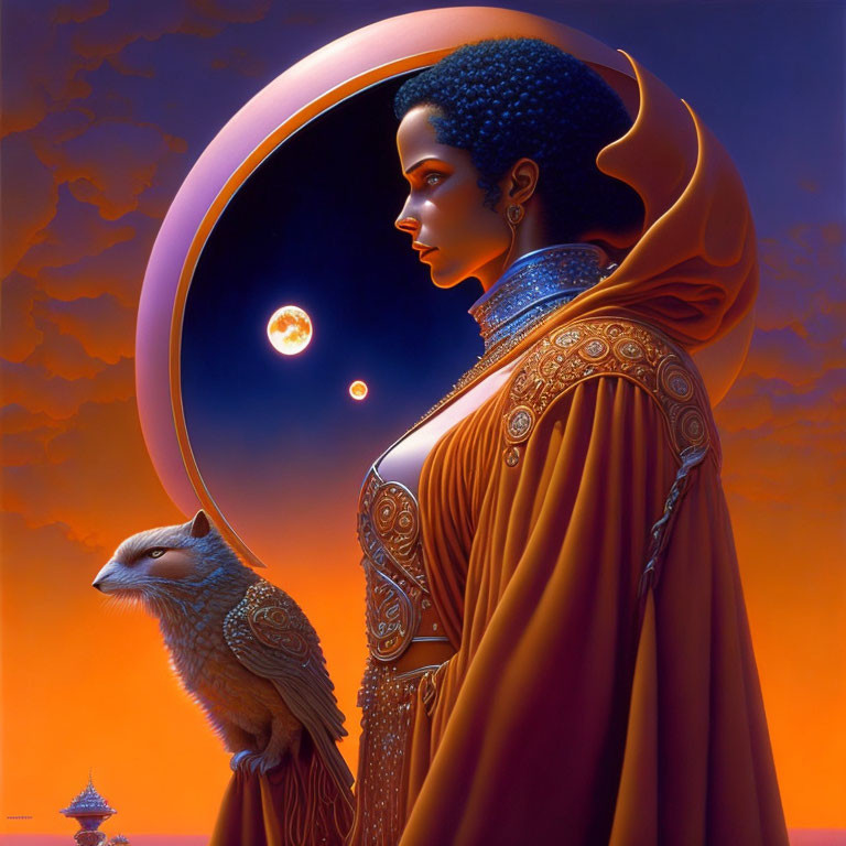 Detailed illustration of woman with fox in intricate attire, moons, twilight backdrop, exotic structure.