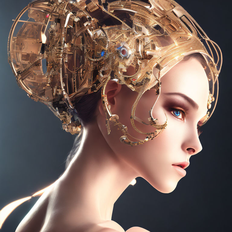Female profile portrait with futuristic armor headpiece and blue eye.