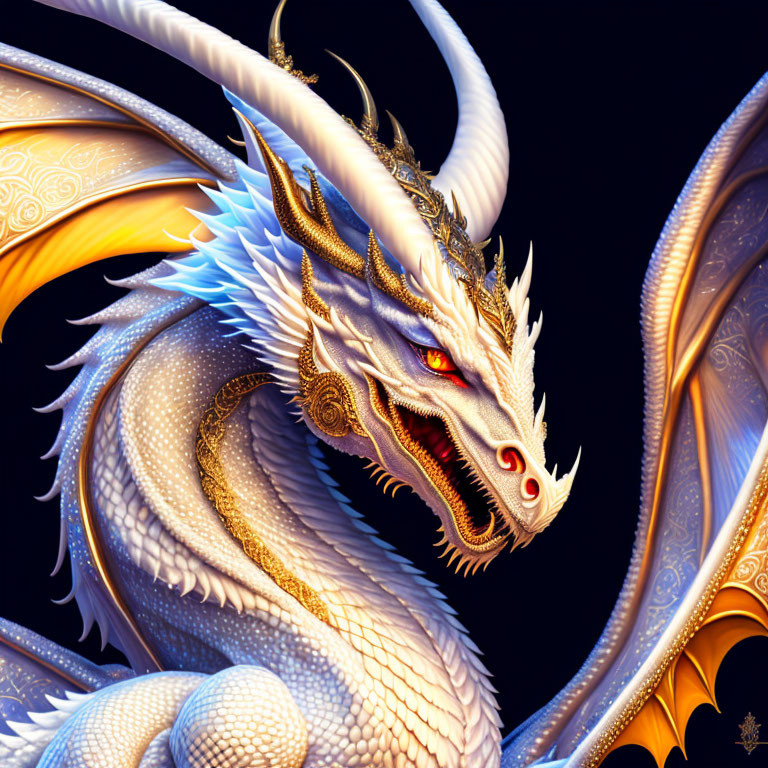 Detailed Illustration: Majestic White & Gold Dragon with Large Wings & Red Eyes on Dark Background