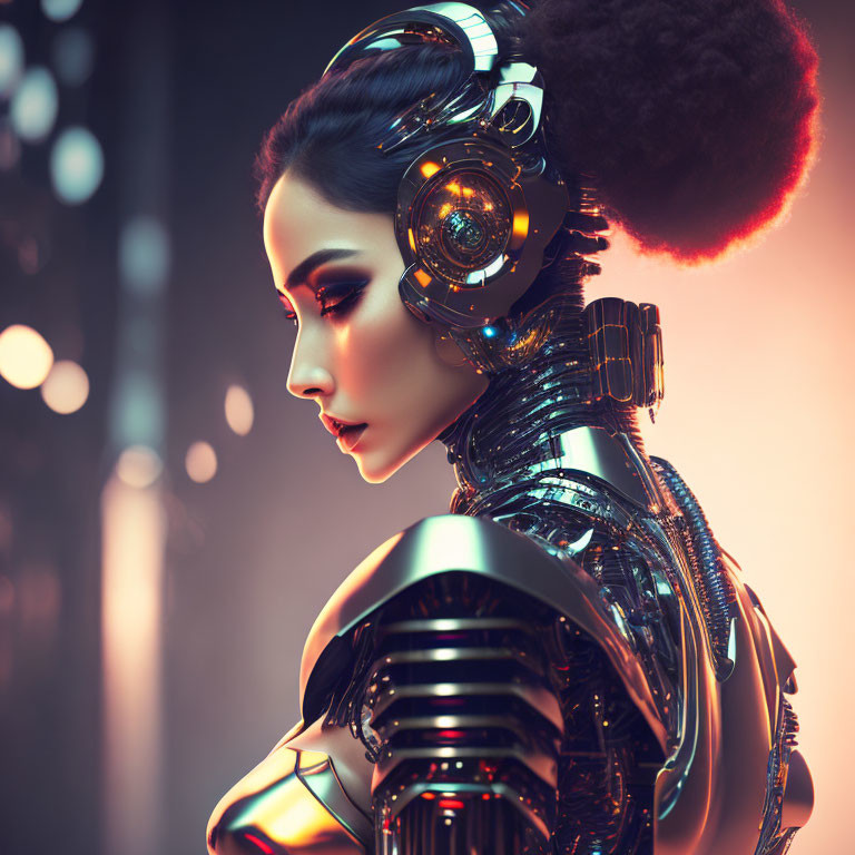 Futuristic female cyborg with glowing orange lights and afro against moody backdrop