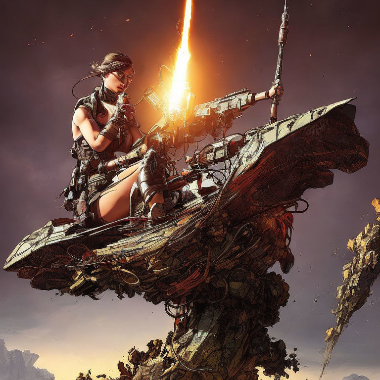 Female warrior on floating rock with weapon, fiery beacon in background