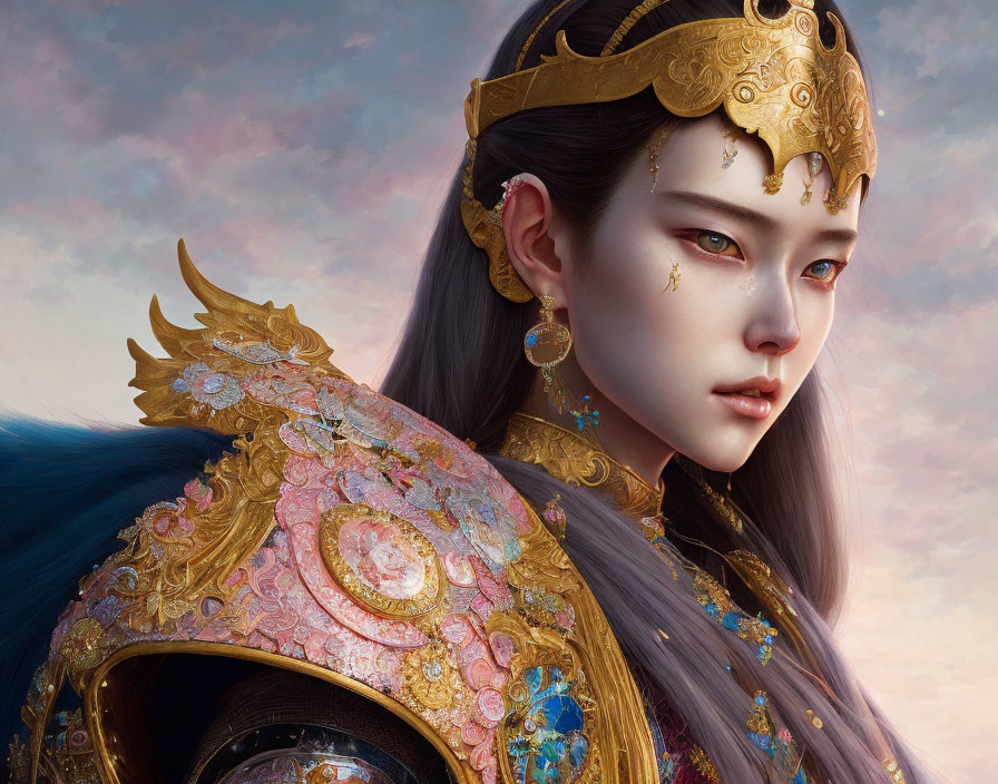 Digital Artwork: Woman with Golden Headdress and Ornate Armor