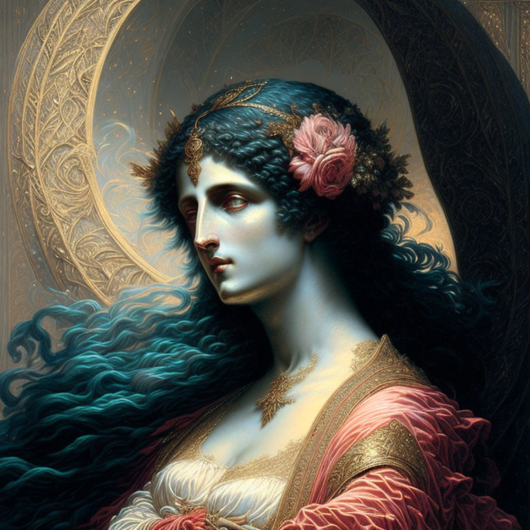 Detailed Artwork of Woman with Blue Hair and Golden Headpiece