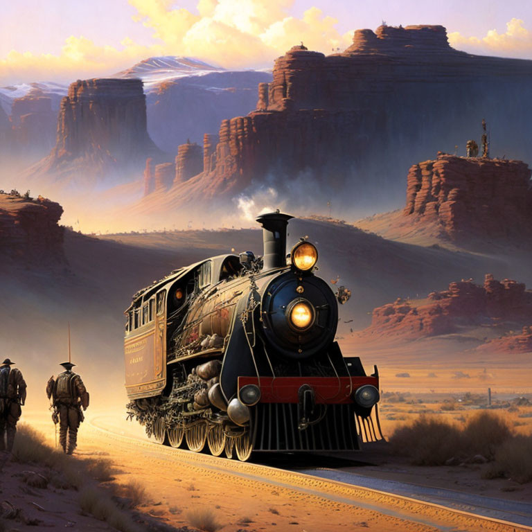 Vintage Steam Locomotive Travels Desert with Rock Formations & Horseback Riders