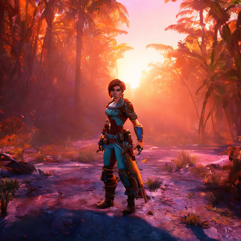 Female warrior in futuristic armor in lush jungle at sunset