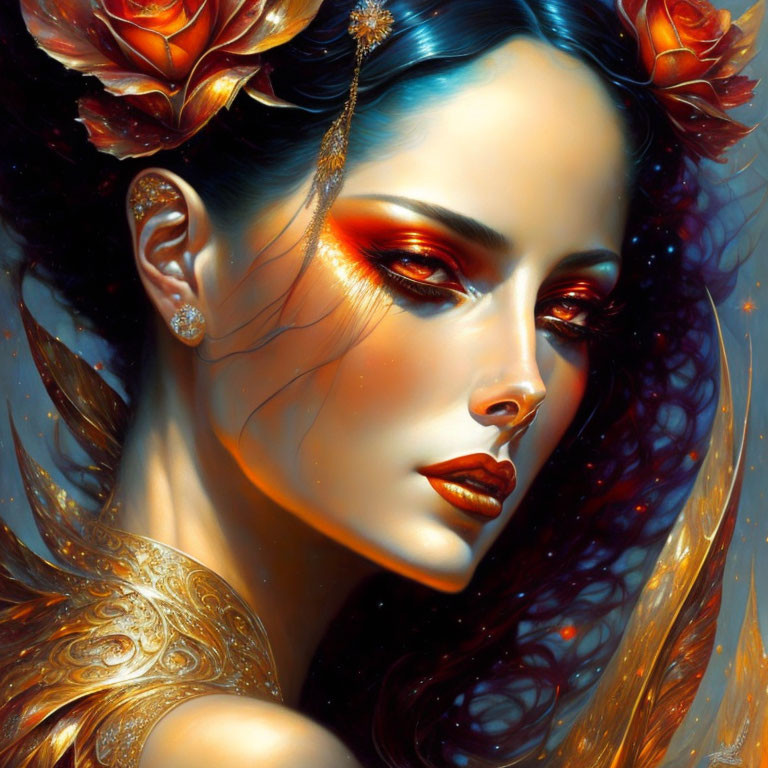 Digital artwork featuring a woman with red eye makeup and golden floral hair adornments.