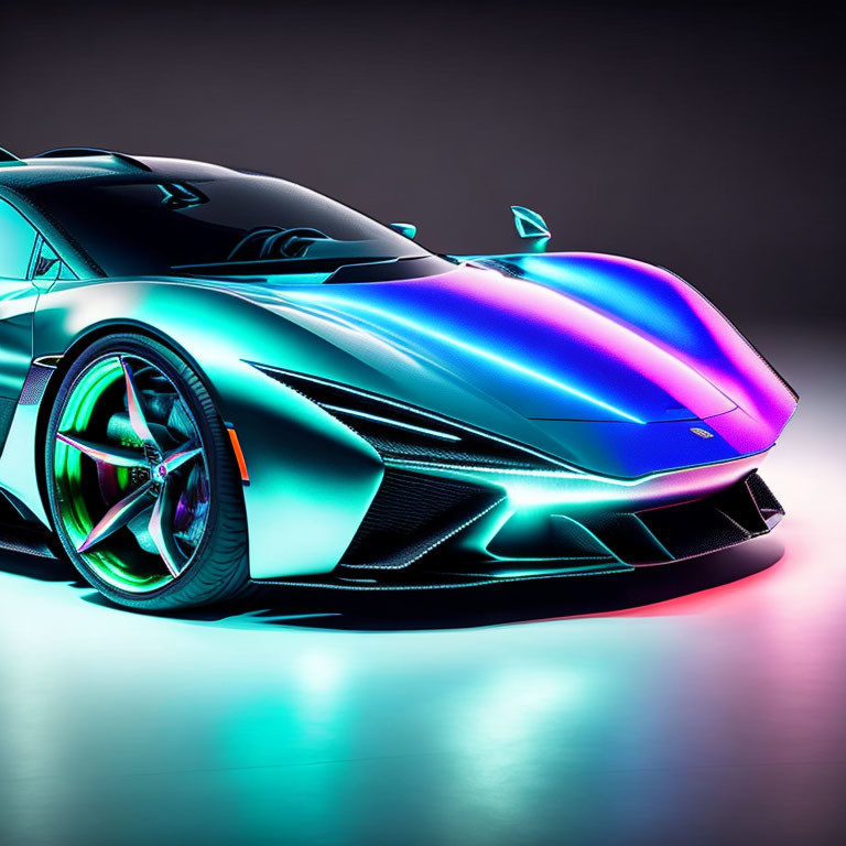Modern sports car with iridescent paint in neon colors