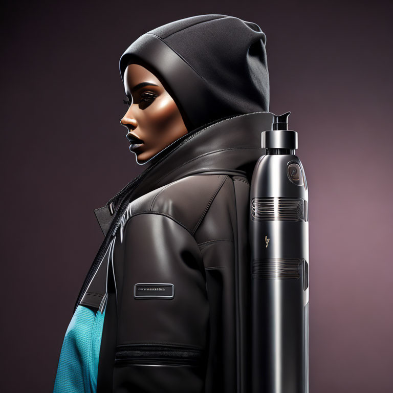 Stylized female figure in futuristic black outfit with hood and modern water bottle