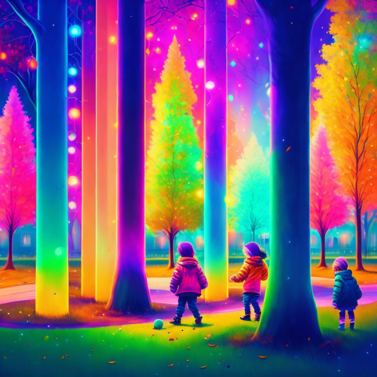 Vibrant illuminated forest with children under twilight sky