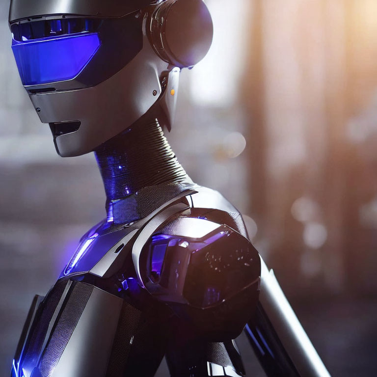 Futuristic robot with black and blue design and illuminated elements