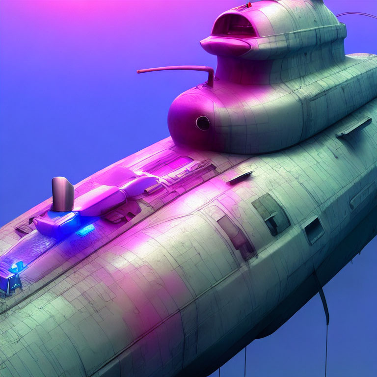 Futuristic 3D illustration of a sleek submarine in neon lights
