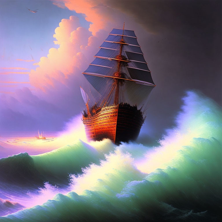 Sailing ship with multiple tiers of sails on teal sea waves at sunset