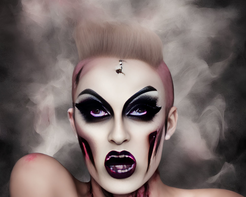 Bold Drag Queen Makeup with High Hairstyle on Dark Background