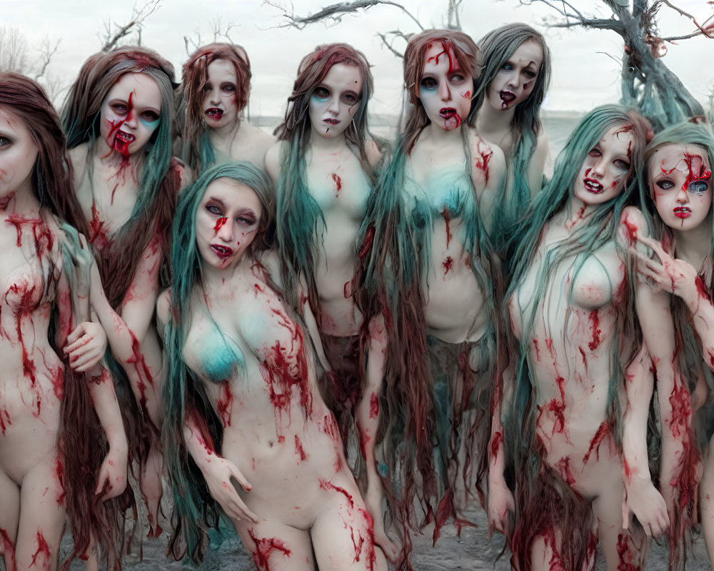 Multiple pale-skinned women with bloody makeup posing among barren trees