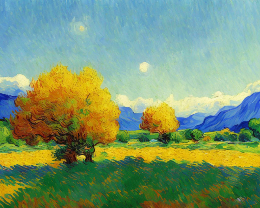 Colorful landscape painting with golden trees, blue hills, and textured sky