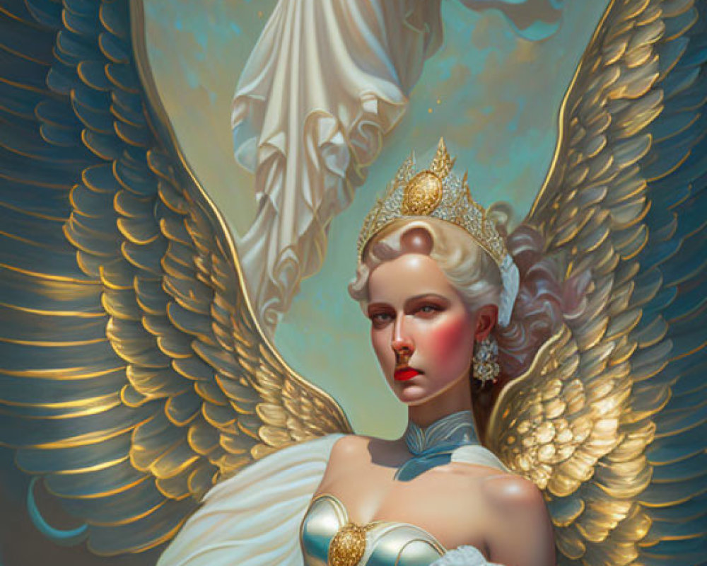 Majestic angelic figure in golden armor under starry sky