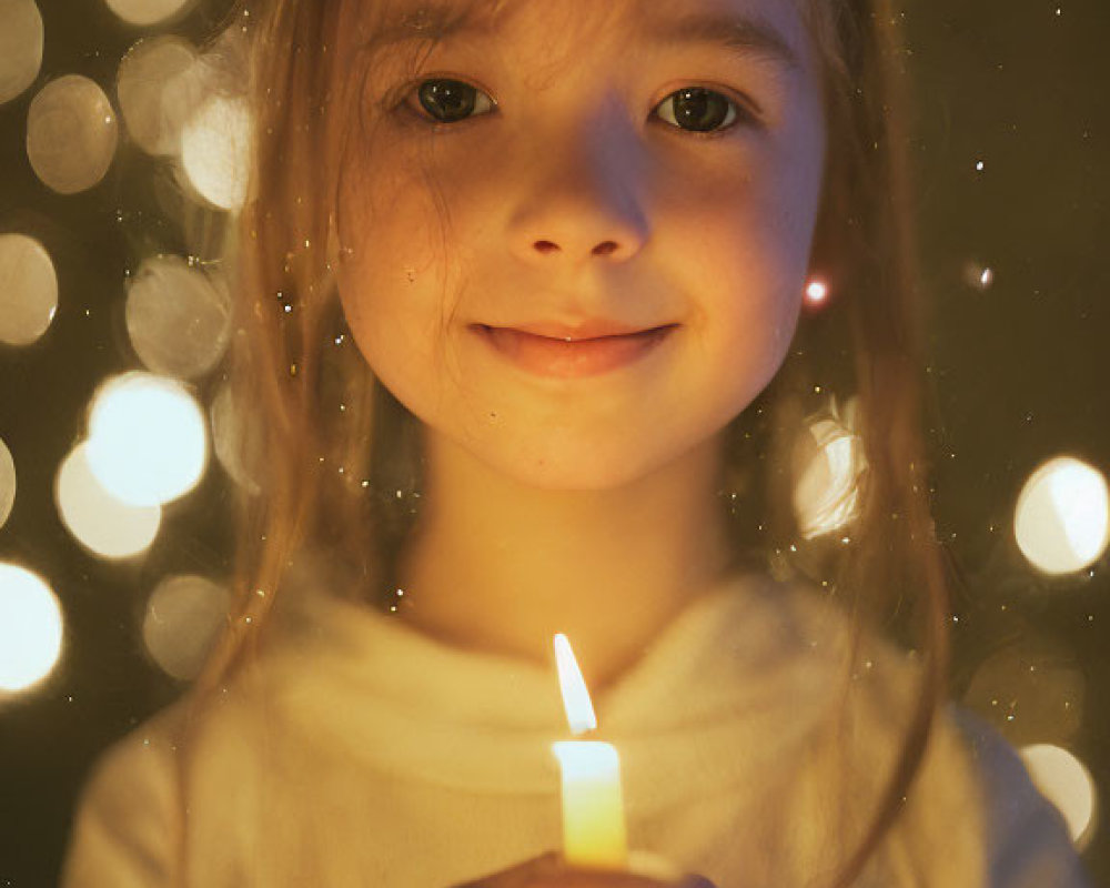 Serene young girl holding a lit candle with warm glow