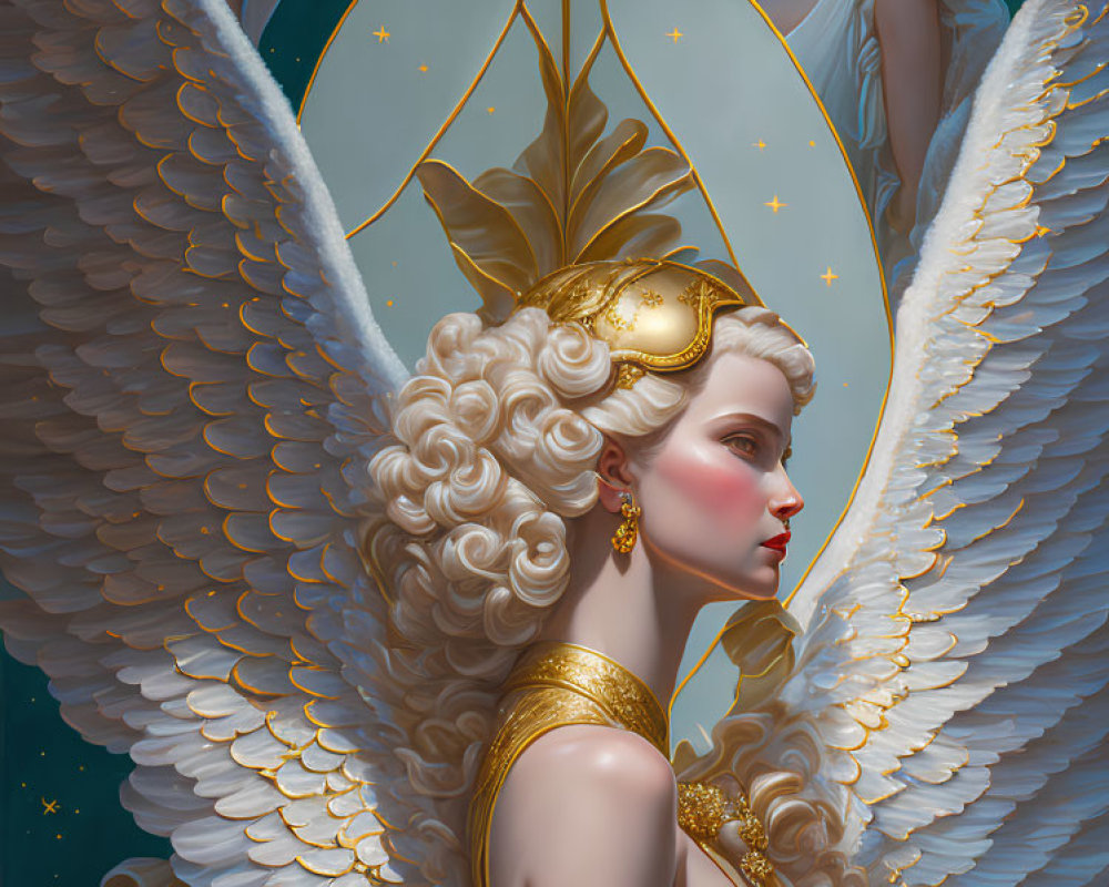 Ethereal painting of angel with large white wings and golden headdress