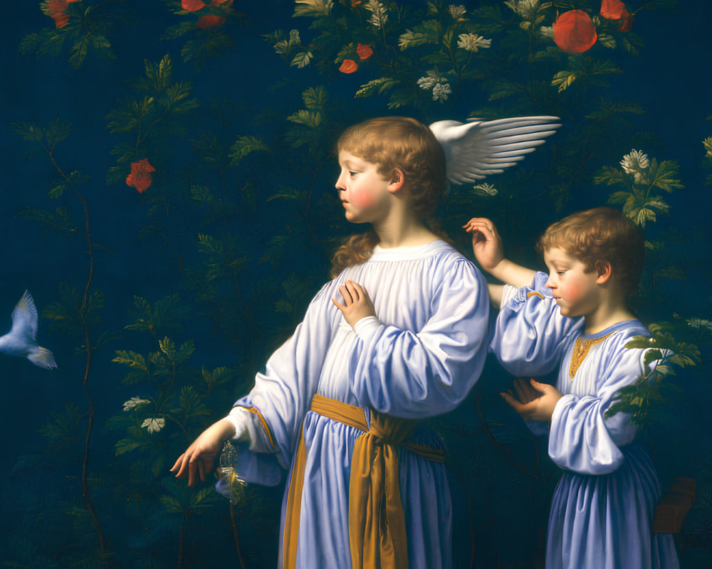 Two angelic figures in blue and gold attire against a floral backdrop.