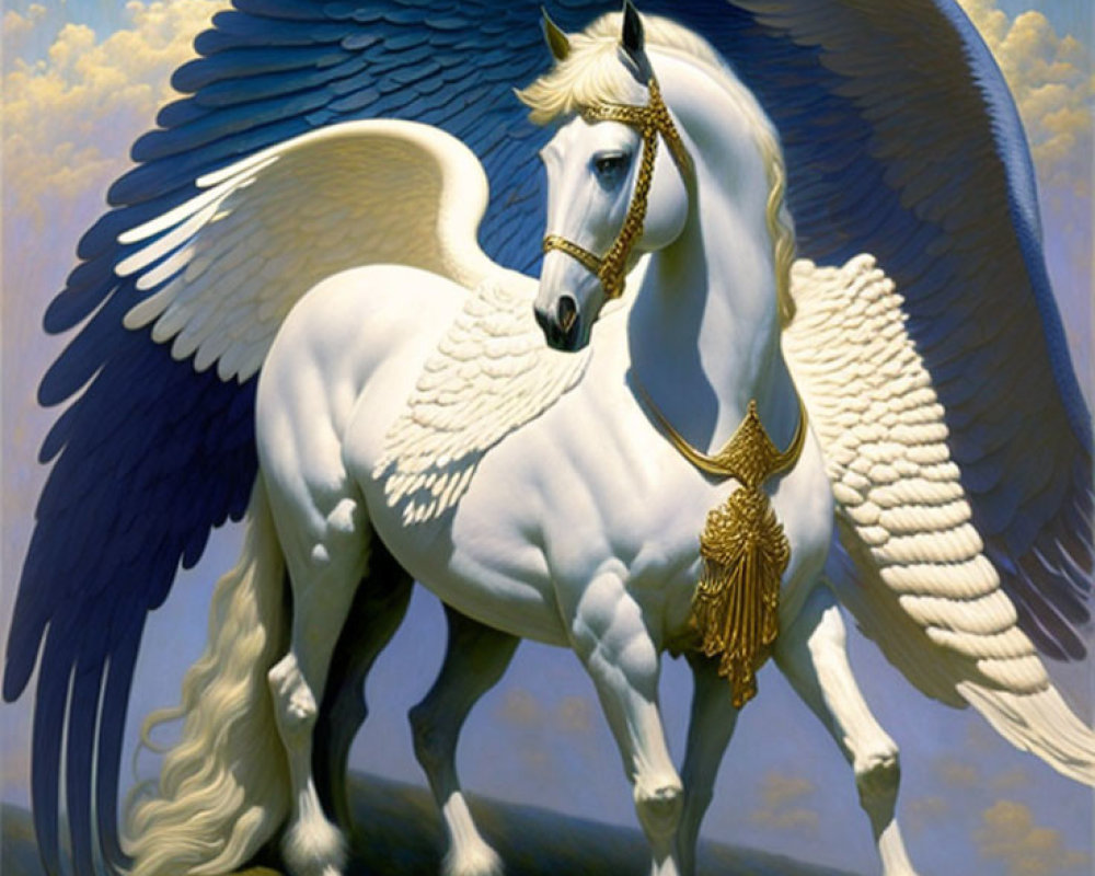 White Winged Horse with Golden Bridle and Hoof Guards under Bright Sky