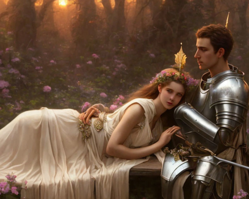 Woman in white dress reclining on knight in armor in blossoming forest at sunset