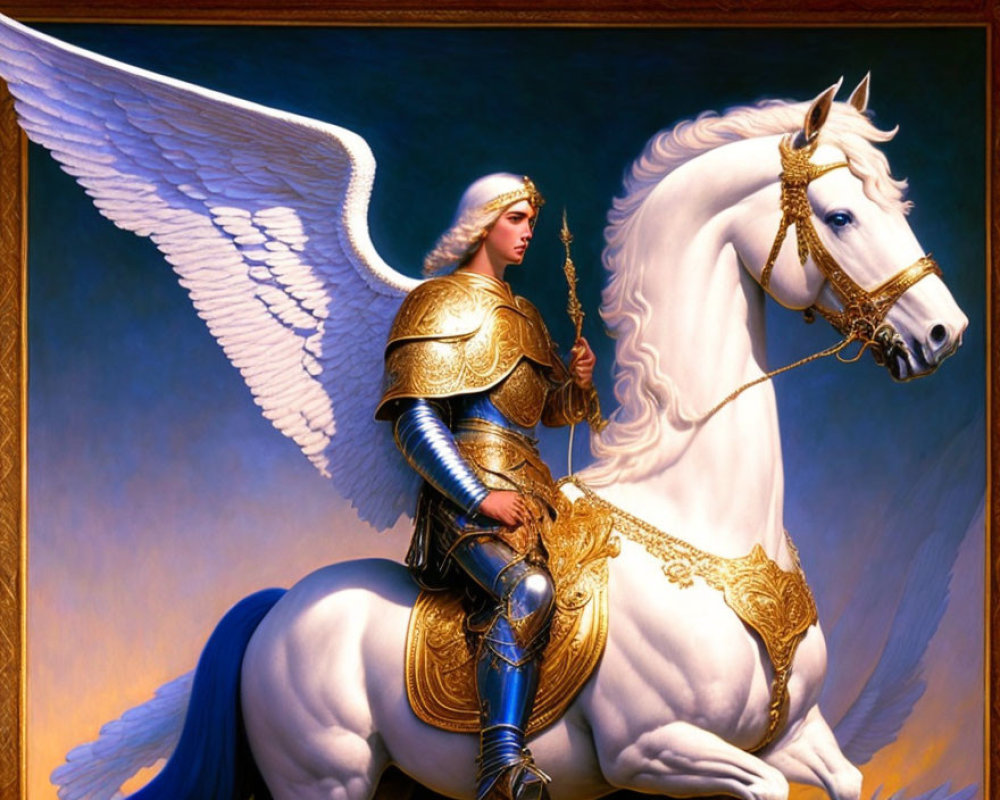 Armored knight with wings on white horse in golden accessories against blue background