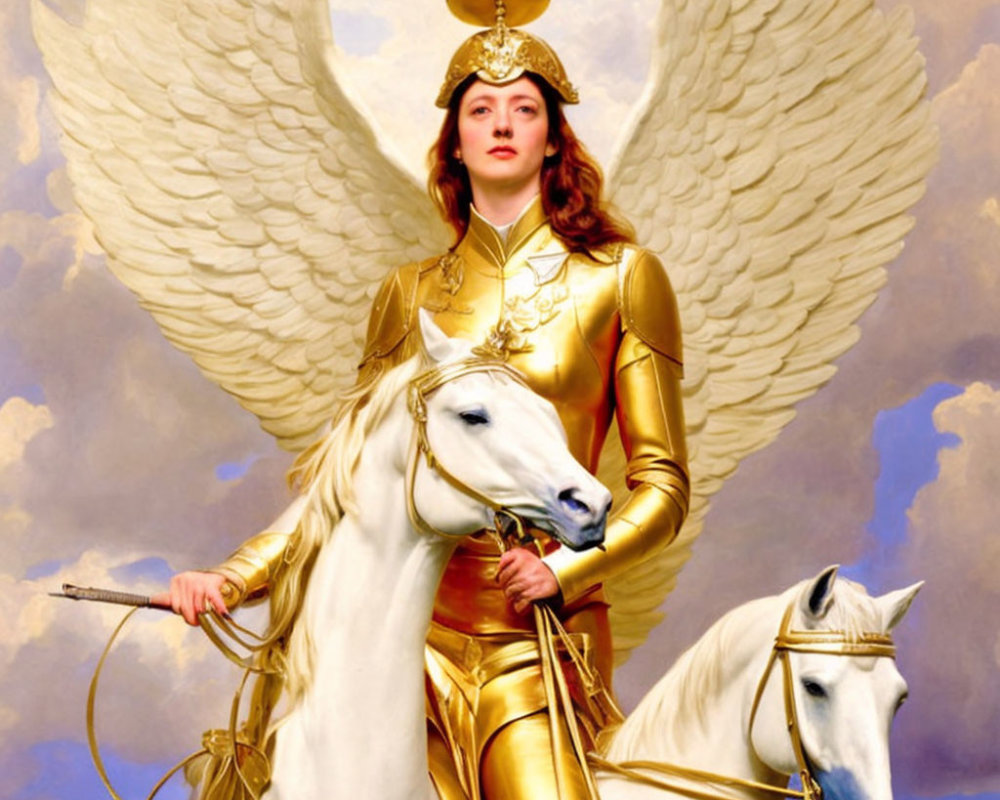 Golden-armored figure on white horse with wings and halo, under blue sky