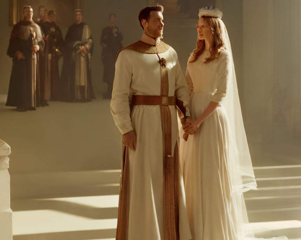 Regal couple in medieval attire in elegant sunlit room