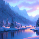 Snow-covered trees, serene river, pink sunrise, and mountain peaks in tranquil winter scene