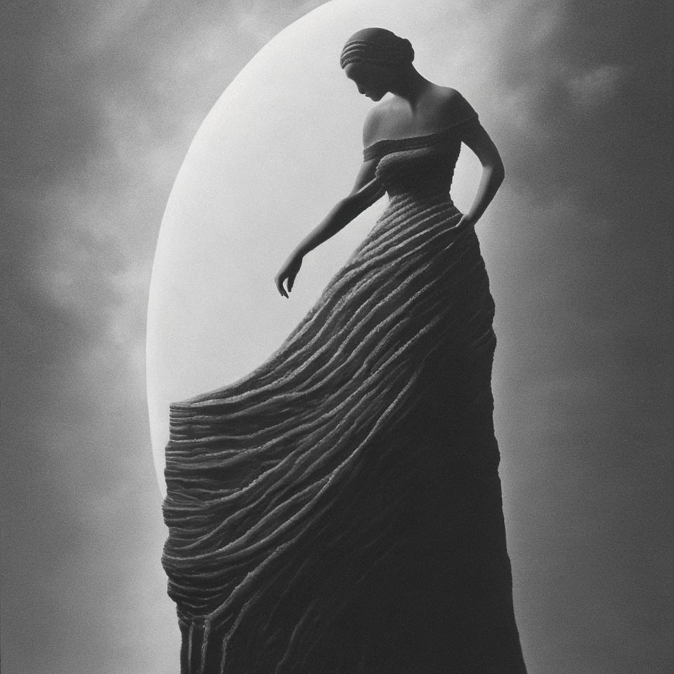 Monochrome artistic image of woman in elegant gown under large moon