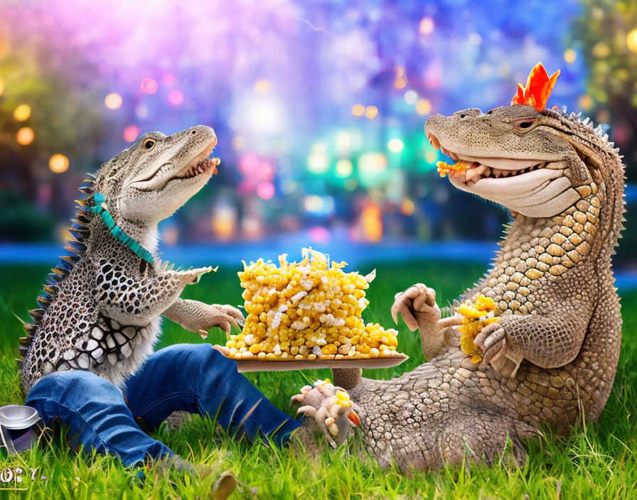 Two alligators in shirts and jeans sharing popcorn with fireworks in the background