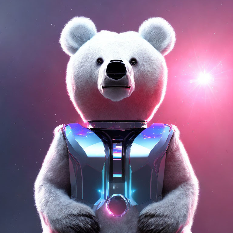 Robotic koala with device in cosmic background