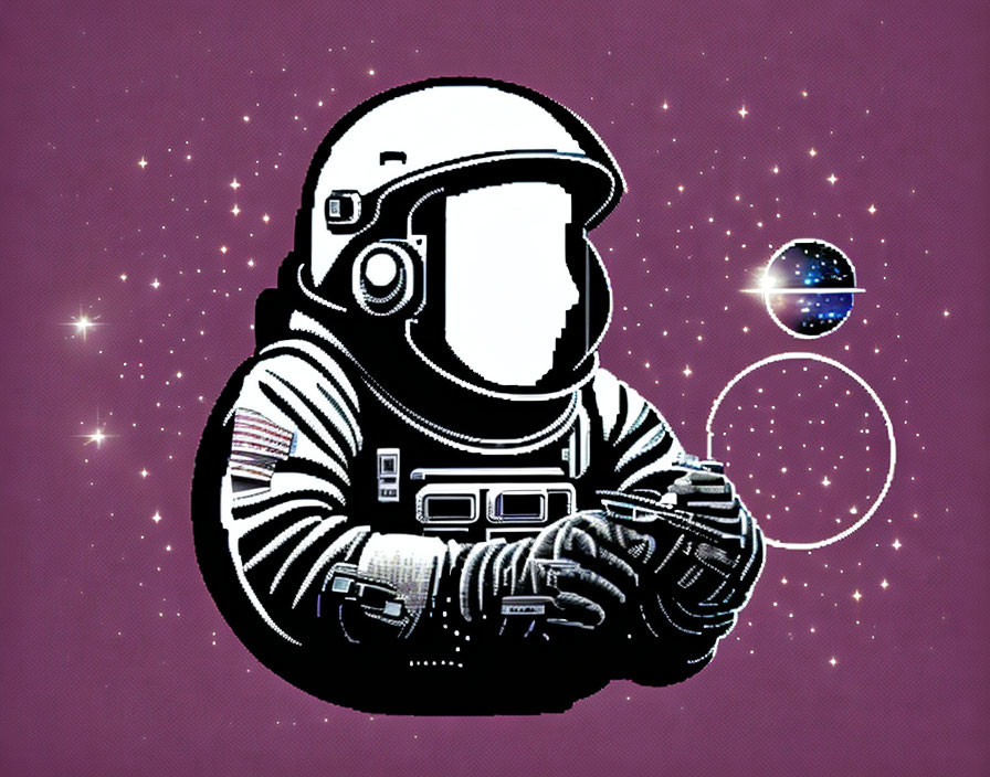 Pixelated astronaut in spacesuit on starry background with planets - retro art style