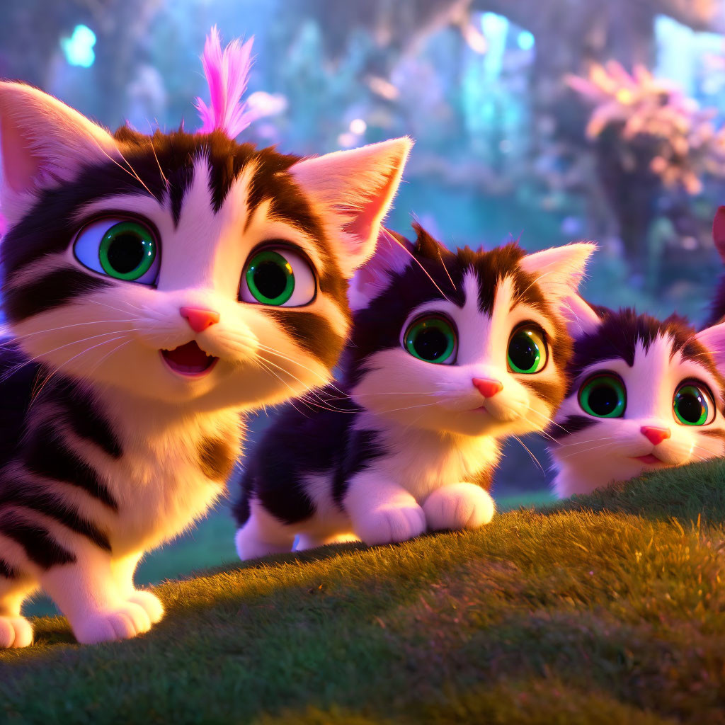 Four Animated Kittens with Large Green Eyes in Colorful Garden Setting