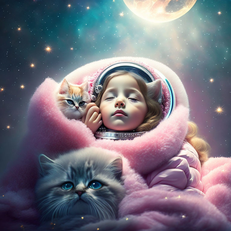 Young girl in spacesuit with kittens floating in cosmic space