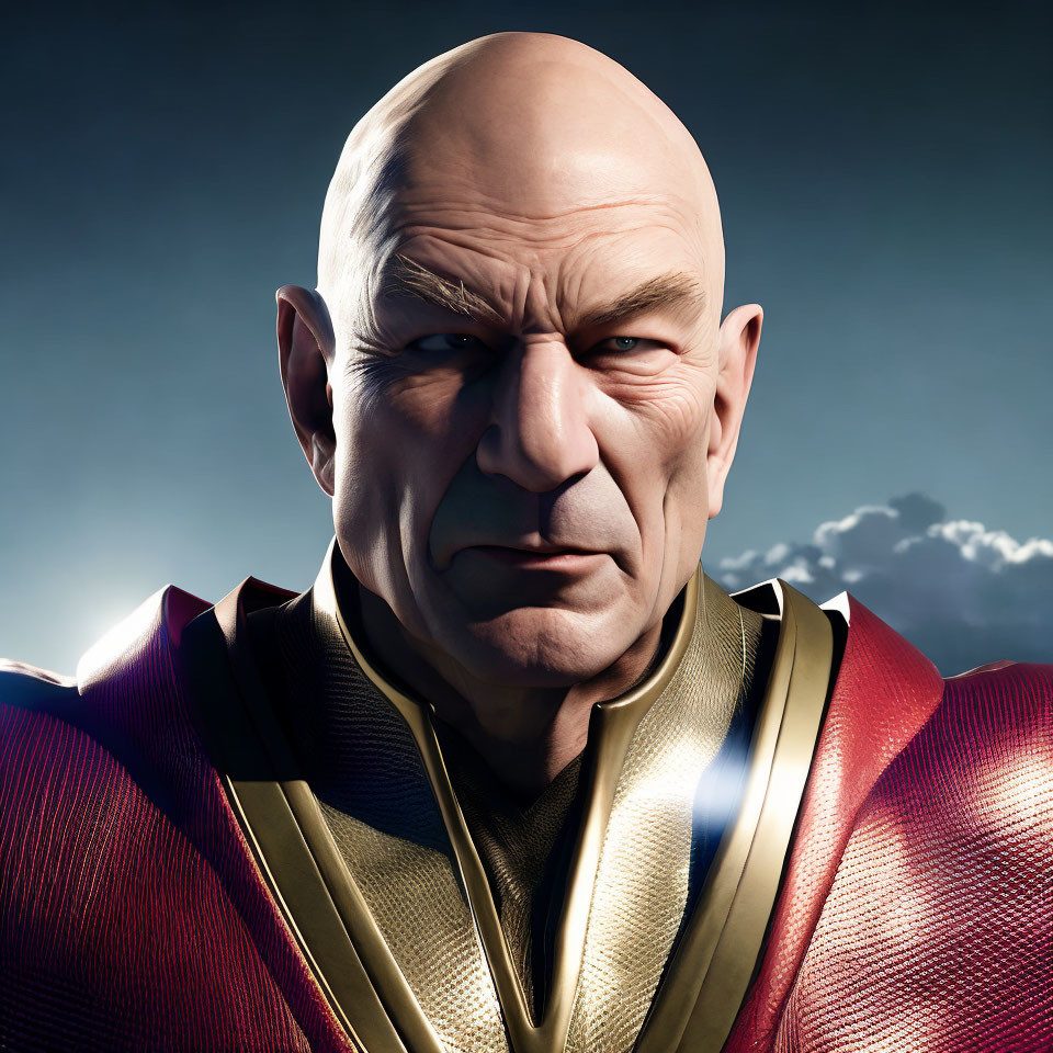 Realistic 3D Rendering of Bald Male Figure in Red and Gold Costume