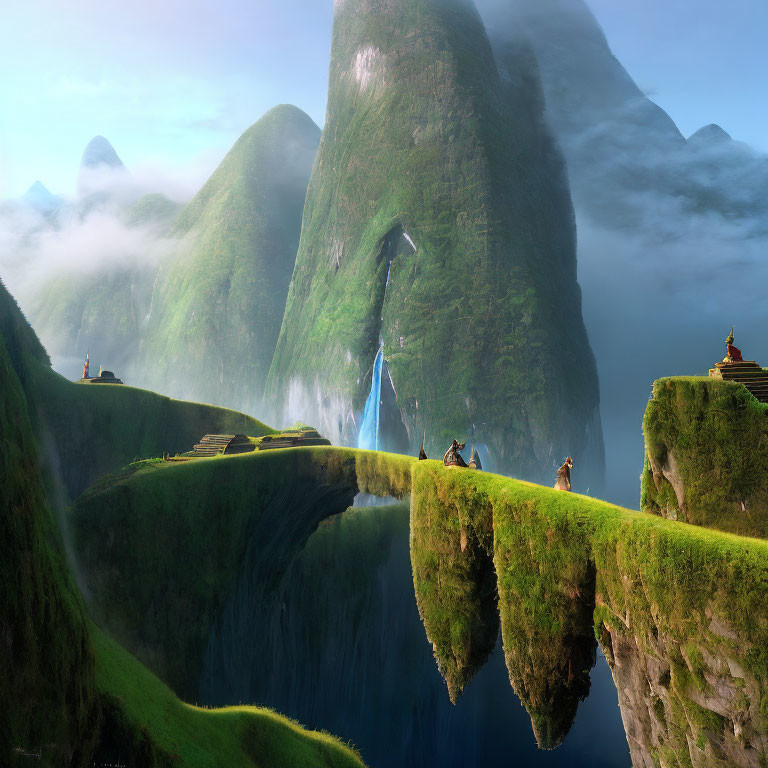 Tranquil landscape with green cliffs, waterfalls, misty peaks, temples, and bridges.