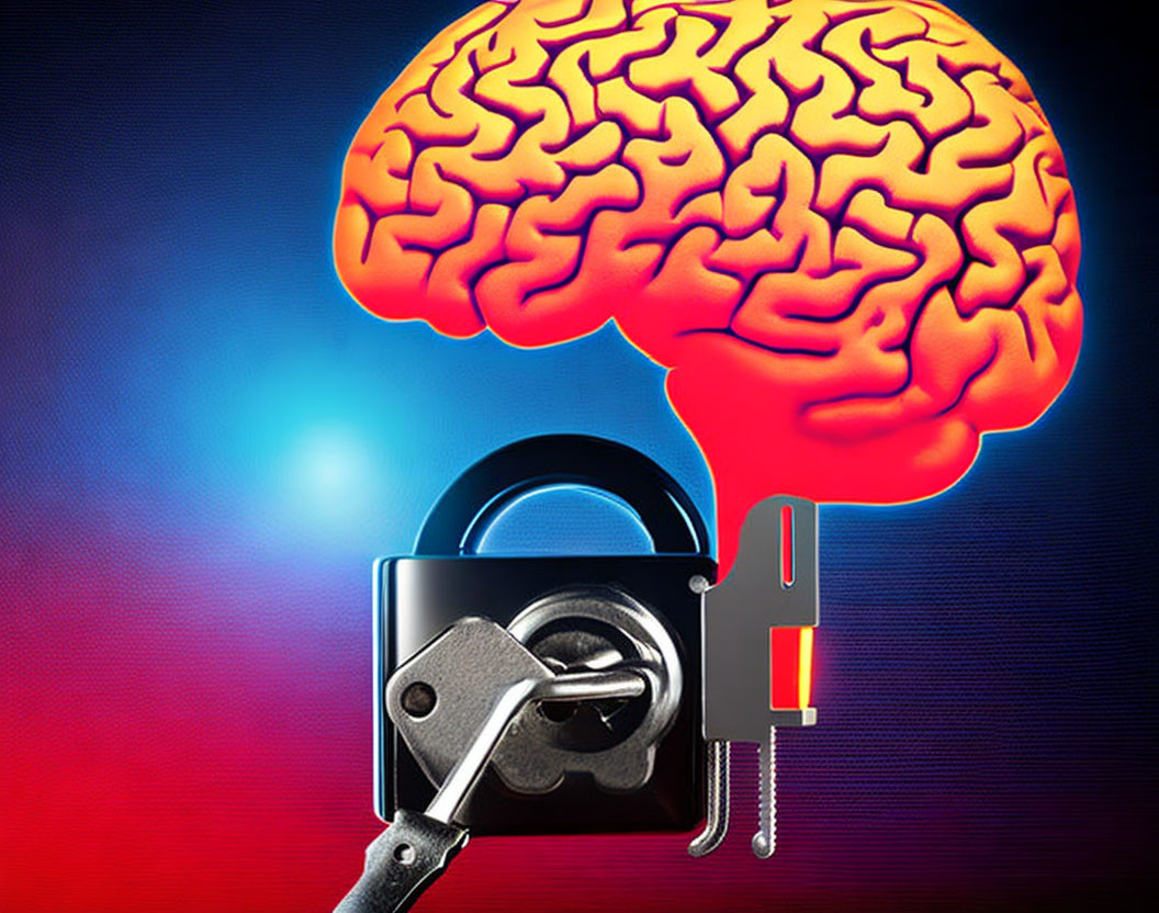 Vibrant human brain with padlock and keys on colorful backdrop