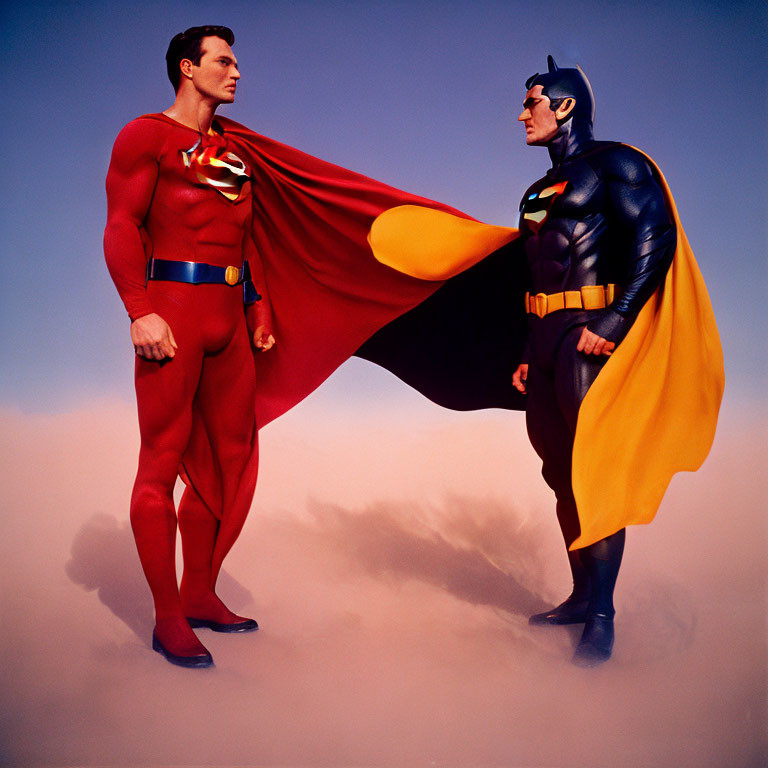 Superman and Batman in superhero costumes against purple clouds